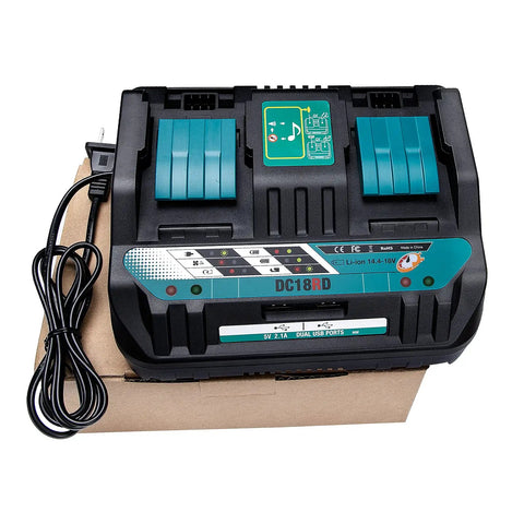 Twin Ports Battery Charger DC18RD for 14.4V to 18V LXT lithium ion batteries on cardboard box with cable