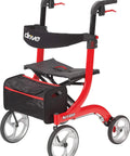Sweet Ride Four Wheel Rollator With Seat Featuring Massive Ten Inch Wheels Foldable Lightweight Frame And Padded Comfortable Bench Ergonomic Grips Built Different Durability Sleek Red Finish For Senior Mobility And Daily Routines with large wheels and storage bag.