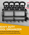 Beefy Heavy Duty Power Tool Organizer Wall Mounted Drill Rack for 6 Cordless Drills with kettlebells on top, black metal construction.