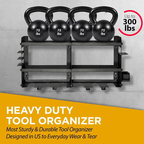 Beefy Heavy Duty Power Tool Organizer Wall Mounted Drill Rack for 6 Cordless Drills with kettlebells on top, black metal construction.