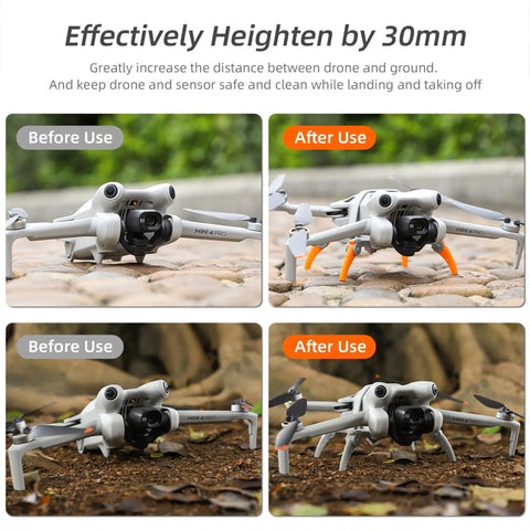 Before and after image showing orange 30cm Height Landing Gear For Mini 4 Pro Drone Lightweight Quick Release Extender in use