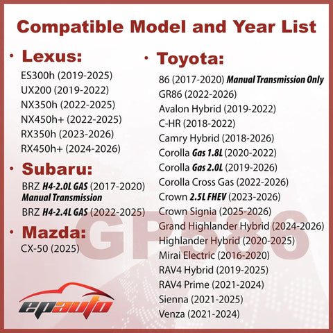 Compatible model and year list for Drop In Engine Air Filter Replacement for Toyota Camry Corolla RAV4 2017-2025