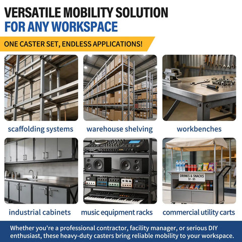 No Nonsense Heavy Duty Scaffolding Casters 5 Inch With Dual Lock Brakes 4 Pack used on warehouse shelving and industrial cabinets.