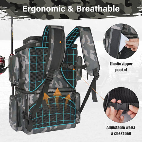 Rear view of All In One Fishing Tackle Backpack With Integrated Cooler Bag 53L Waterproof Gear Backpack showing ergonomic straps