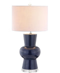 Ceramic Table Lamp 28.5 Inches With Crystal Base And Linen Shade, Modern Hourglass LED Bedside Light For Living Room Or Bedroom, Energy Saving Bulbs Included, Cozy Vibe Lighting For Any Space featuring navy ceramic and beige shade.
