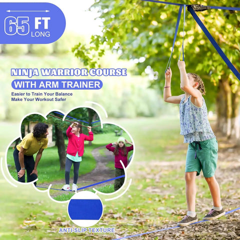 Child balancing on Backyard Kids Slackline Obstacle Course Kit With 65Ft Line And 13 Obstacles, trees in background.