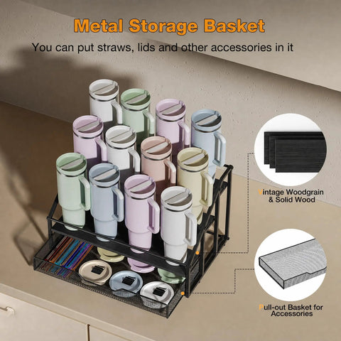 4-Tier Cup Holder Rack For Stanley 40 Oz Tumblers And Water Bottles, Heavy Duty Tumbler Stand with pull-out drawer and accessories