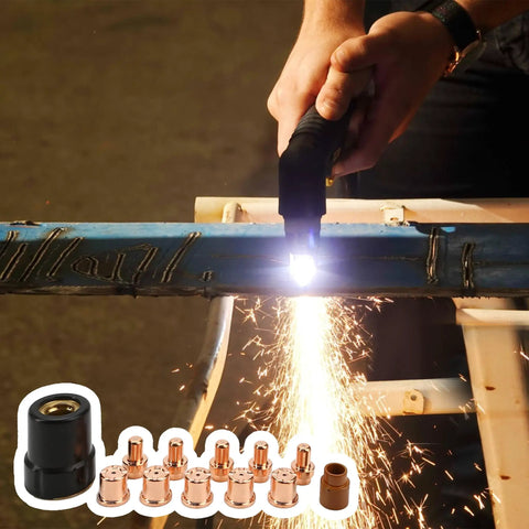 Hands using a plasma torch with 12Pcs Plasma Electrode And Tip Cutter Kit For Trafimet CB50 40 Amp Plasma Torch Replacement Consumables visible.