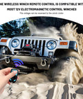 Vcyopn 12V 24V Wireless Winch Remote Control Kit, Dual Handset Switches With 98 Ft Range, operated on a Jeep in sandy terrain.