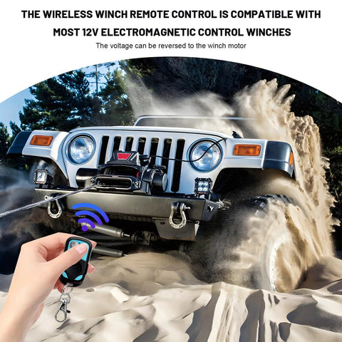 Vcyopn 12V 24V Wireless Winch Remote Control Kit, Dual Handset Switches With 98 Ft Range, operated on a Jeep in sandy terrain.
