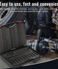 18 Piece Inline Dowel Pin Puller Master Set with SAE and Metric Collets, open case on workshop floor near car wheel