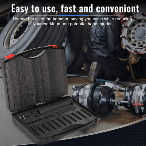 18 Piece Inline Dowel Pin Puller Master Set with SAE and Metric Collets, open case on workshop floor near car wheel