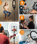 Collage of Big 22 Inch Ring Light With Stand And 75 Inch Tripod for TikTok Reels, makeup, interview, vlog, and live broadcast use.