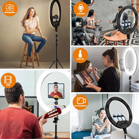 Collage of Big 22 Inch Ring Light With Stand And 75 Inch Tripod for TikTok Reels, makeup, interview, vlog, and live broadcast use.