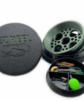 Grab-and-Go Pocket Size Handline Fishing Kit with 60ft braided line, EZ Reel, tackle and carry case components displayed