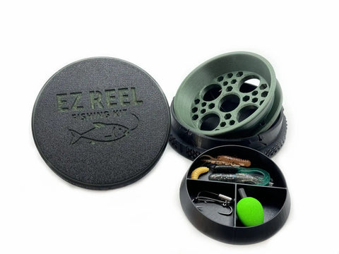 Grab-and-Go Pocket Size Handline Fishing Kit with 60ft braided line, EZ Reel, tackle and carry case components displayed