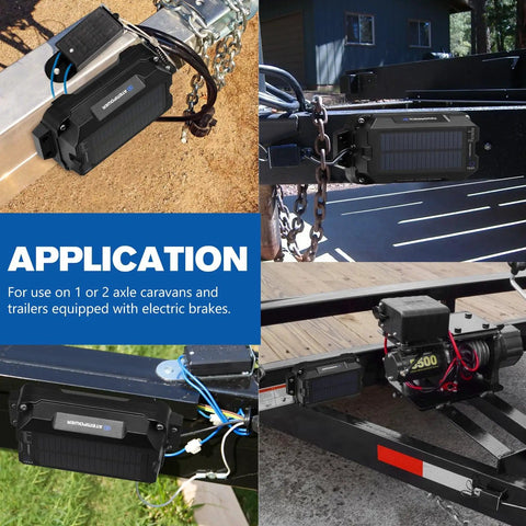 Collage of solar trailer brake controller kit installations with LED indicator, IP65 weatherproofing, built-in solar charger for towing.