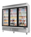 Sleek Stainless Steel Commercial Beverage Cooler With Tempered Glass Front And Bright Led Strip Badass Upright Drink Fridge Plug And Play 78 Cubic Feet For Shop Or Bar showcasing drinks and snacks on display.