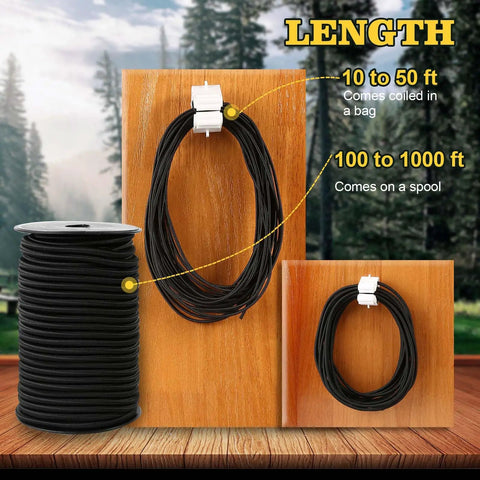 Heavy-Duty Bungee Cord Roll 0.25 Inch By 100 Feet For Tents, Kayaks, Tie Downs And DIY Repairs with length options shown.