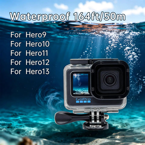 Underwater GoPro Housing For Hero 9 10 11 12 13 Black displayed underwater, showcasing its durable marine grade build and 50M depth rating.