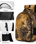 Wild Leopard Print Backpack For Everyone with handle, shoulder strap, double zipper, and side pockets.