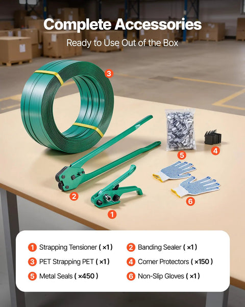 Heavy Duty Banding Strapping Kit With Sealer Tool And Gloves, 1500 Ft PET Strapping, 450 Metal Seals, 150 Corner Protectors displayed on table