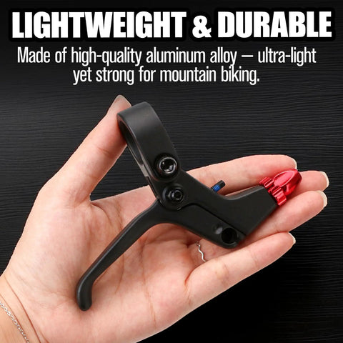 Pair Two Finger Aluminum Alloy Bicycle Brake Levers Universal 22mm, black lever held in hand, lightweight red component visible.