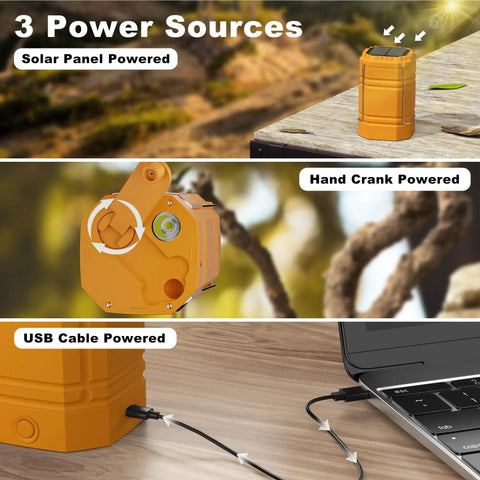 Go-To LED Camping Lantern With USB Rechargeable, Solar Panel And Hand Crank, Waterproof Portable Emergency Light, 3 power sources
