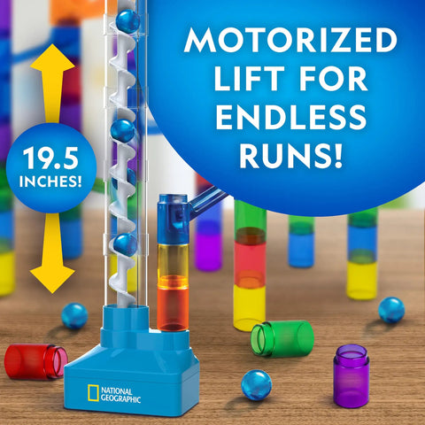 Epic Marble Run Kit With Motorized Elevator And Spiral Lift 150 Piece Marble Maze Set With 30 Marbles on display.
