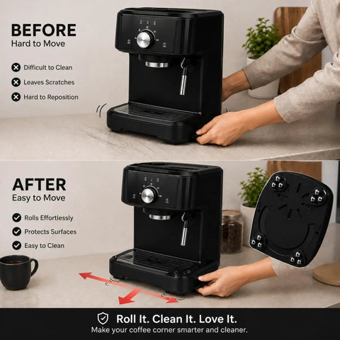 DaddyBee Heavy Duty Self Adhesive Casters 8 Pack Stick-On Swivel Wheels shown on a coffee machine for easy mobility.