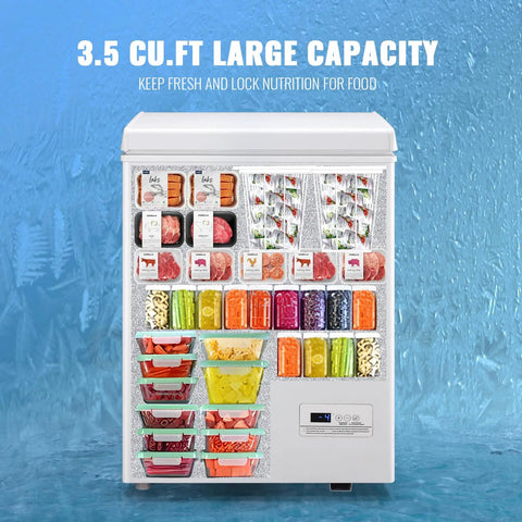 No Sweat Compact Chest Freezer With Dual Removable Baskets And Precision Digital Display To Keep Your Grocery Stash Rock Solid Cold In White Finish Quick Freeze Unit with food items organized.