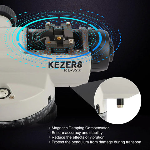 Close-up of KEZERS KL-32X optical level's magnetic damping compensator, showcasing 32X Automatic Optical Level Kit With Self Leveling Magnetic Dampened Compensator And Transport Lock High Precision Height Distance And Angle Measurement For Job Site Surveying Rugged Pro Grade Construction KL32X.