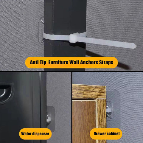 Anti Tip Furniture Anchors 8 Pack Adhesive Straps for Wall Mounting shown securing a drawer cabinet and water dispenser.
