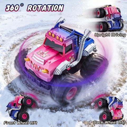 Pink Monster Off Road RC Car For Kids Ages 3 To 12 With 360 Spin Waterproof Amphibious 1 To 18 Scale 4WD spinning in snow