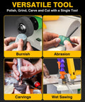 Lapidary Saw For Jewelry Making And Rock Cutting With Pro Grade Upgraded Diamond And Woodworking Blades 0 To 10000 RPM Polishing DIY Art Projects 350W Beige Easy To Use Great For Beginners And Hobbyists At Home shown in various uses including burnishing, abrasion, carvings, and wet sawing.
