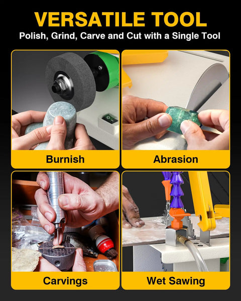 Lapidary Saw For Jewelry Making And Rock Cutting With Pro Grade Upgraded Diamond And Woodworking Blades 0 To 10000 RPM Polishing DIY Art Projects 350W Beige Easy To Use Great For Beginners And Hobbyists At Home shown in various uses including burnishing, abrasion, carvings, and wet sawing.