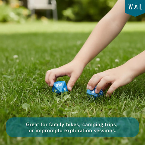 Hands holding Oversized 8-Sided Wooden Dice Set For Outdoor Adventures With Directional And Number Dice on grass.