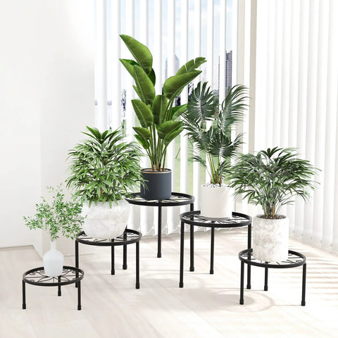 Solid Fit Five Piece Metal Plant Stands For Indoor And Outdoor Layouts Low Profile Flower Pot Racks With Heavy Duty Iron Frame For Houseplants And Patio Vibes