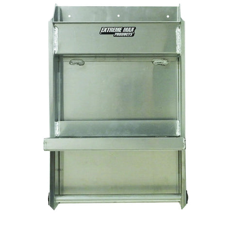 Junior Aluminum Work Station Storage Cabinet With Flip Out Work Tray And Paper Towel Rack For Enclosed Race Trailer Garage Shop Storage Silver