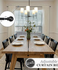 Dining room with Chelsea Ball End Curtain Rod For Windows, No Fuss Adjustable 48 To 86 Inches Extendable Steel Rod In Black Finish over window.