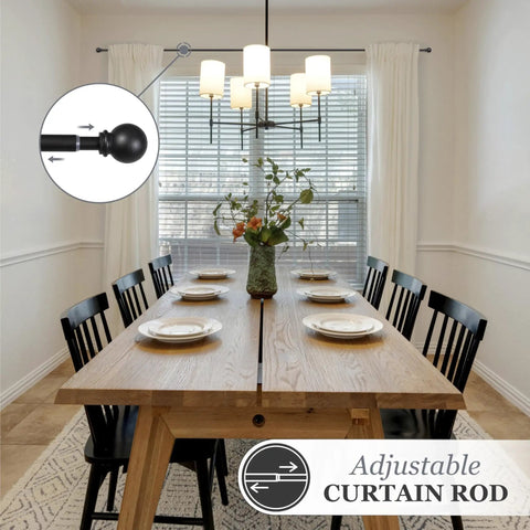 Dining room with Chelsea Ball End Curtain Rod For Windows, No Fuss Adjustable 48 To 86 Inches Extendable Steel Rod In Black Finish over window.