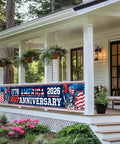 250th Anniversary USA Banner Flag 120 Inch Premium Polyester with Brass Grommets on porch rail for outdoor decor