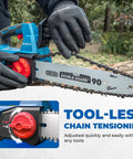 Brushless Cordless Chainsaw With 12 Inch Bar 20V Power, Snappy 12 Meter Per Second Chain Speed, tool-free tensioning feature