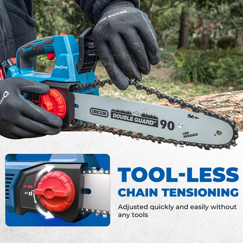 Brushless Cordless Chainsaw With 12 Inch Bar 20V Power, Snappy 12 Meter Per Second Chain Speed, tool-free tensioning feature