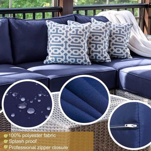 14 Piece Outdoor Cushion Cover Replacement Set For 6 Seat Wicker Rattan Patio Sofa Waterproof Navy Blue Cushion Covers display