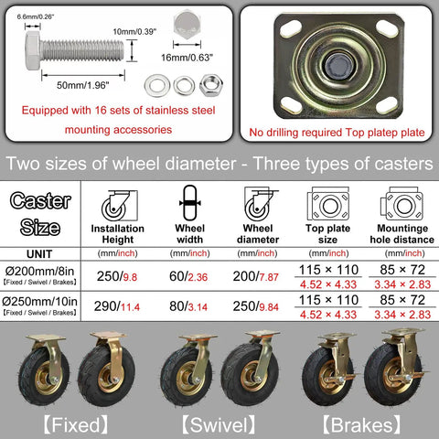 Tough As Nails 4 Piece Heavy Duty Pneumatic Rubber Caster Wheels With Secure Swivel Brakes And Stainless Steel Hardware illustration of wheel sizes and mounting accessories.