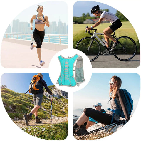 Collage of people running, cycling, hiking wearing Hydration Backpack For Hiking And Trail Running 5L With Adjustable Straps Lightweight Water Vest