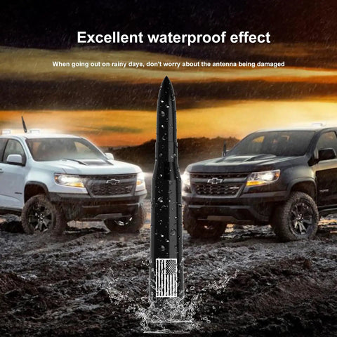 American Flag Tire Valve Cap Antenna in waterproof test with trucks under sunset sky, Go-To Universal Short Replacement For Trucks And SUVs