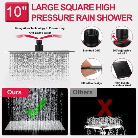 10 Inch High Pressure Rainfall Shower Head Kit With 11 Inch Adjustable Arm And 9-Setting Handheld showcasing features and water flow.