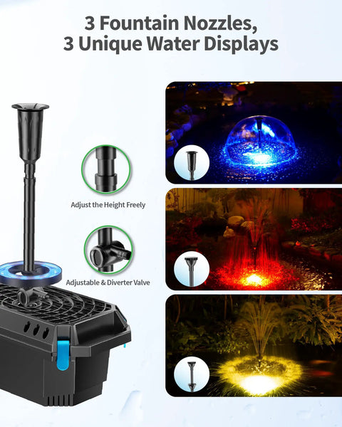 All In One Pond Filter Kit With U V Clarifier, 660 GPH Pump, 40W Power, RGB LED Lights, Built In Fountain For Outdoor Ponds Up To 1300 Gallons P2360, showing three fountain nozzles and lighting options.
